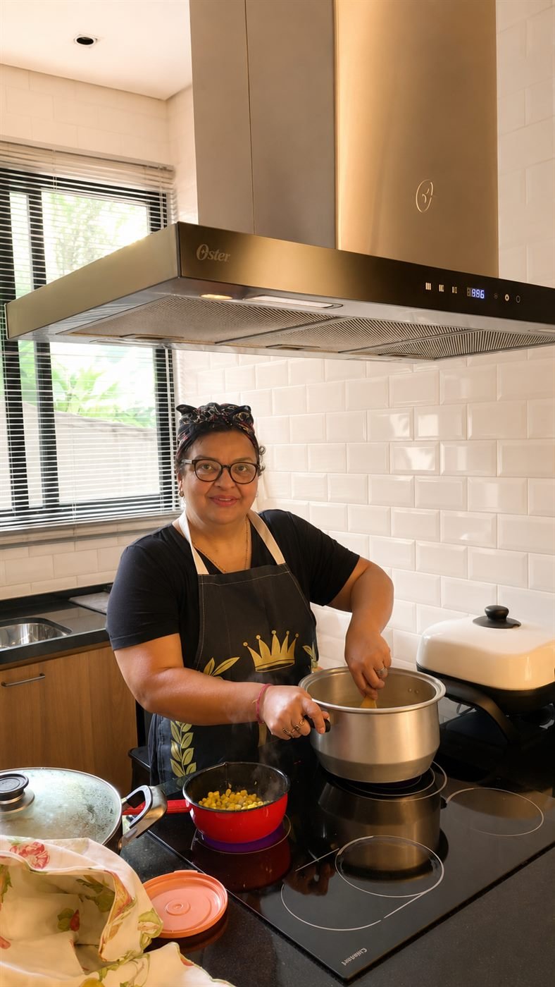 Chef Talita cozinhando na cozinha da Dona Tufika